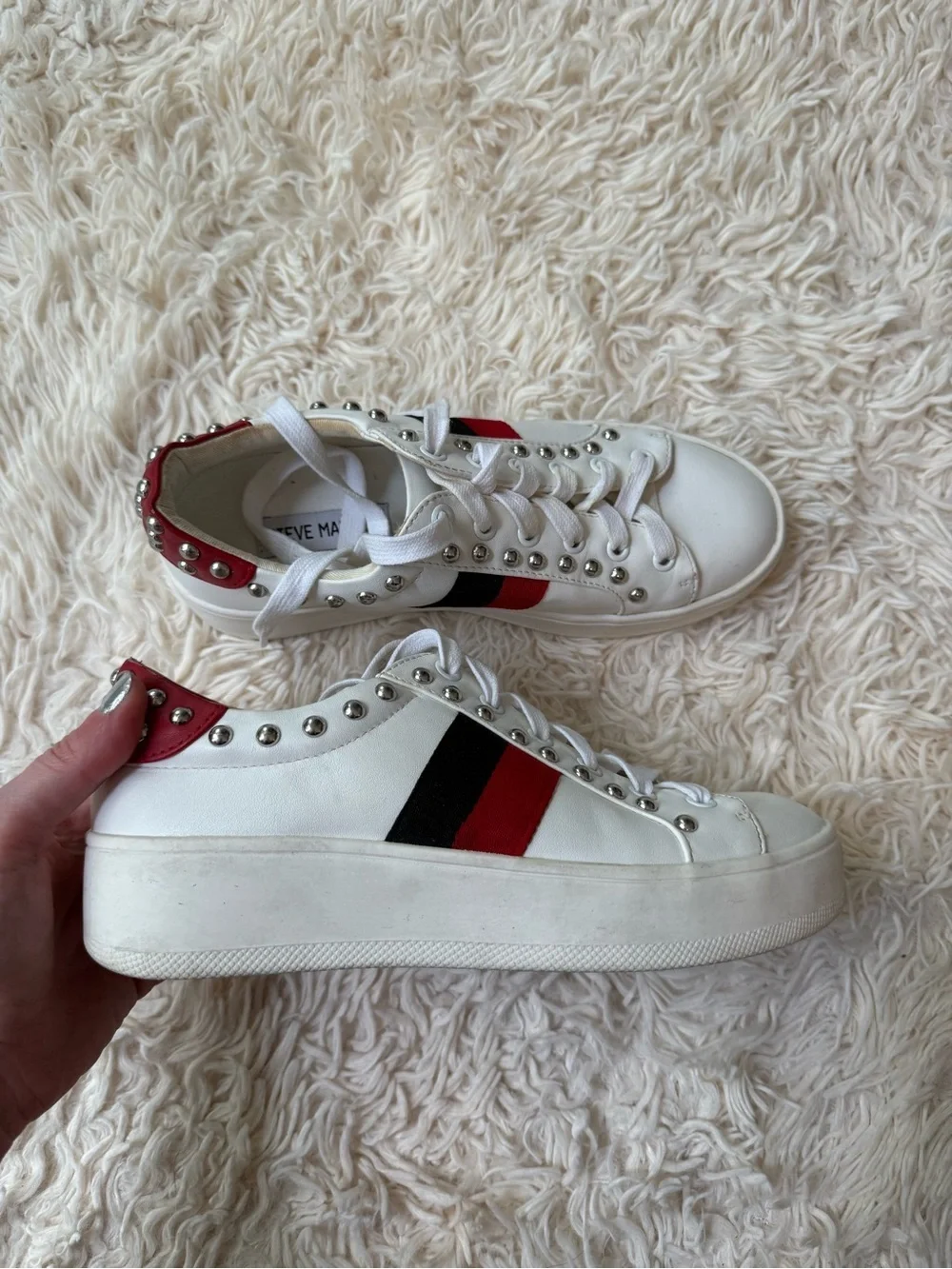 Steve Madden Belle Platform Studded Sneakers White Red Stripe Women Size 6M